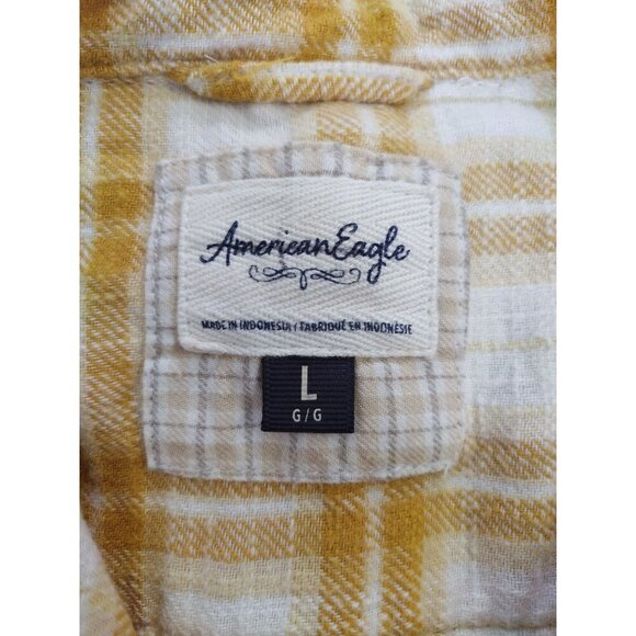 American Eagle Womens Yellow & White Plaid Cropped Button-Up Shirt L. - Picture 3 of 8